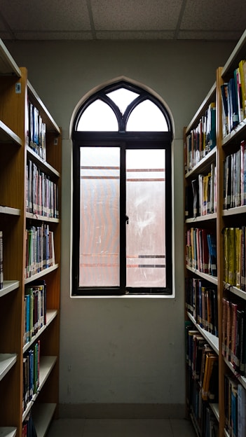 a window in a library filled with lots of books
