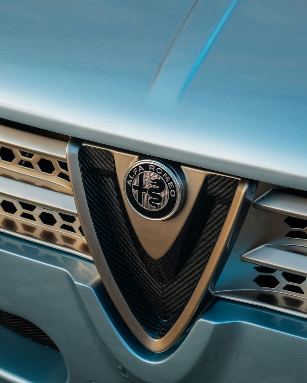 a close up of the front grille of a car