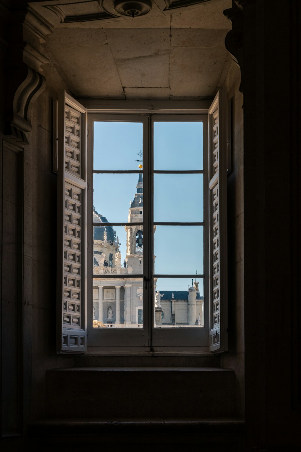 a view of a building through a window