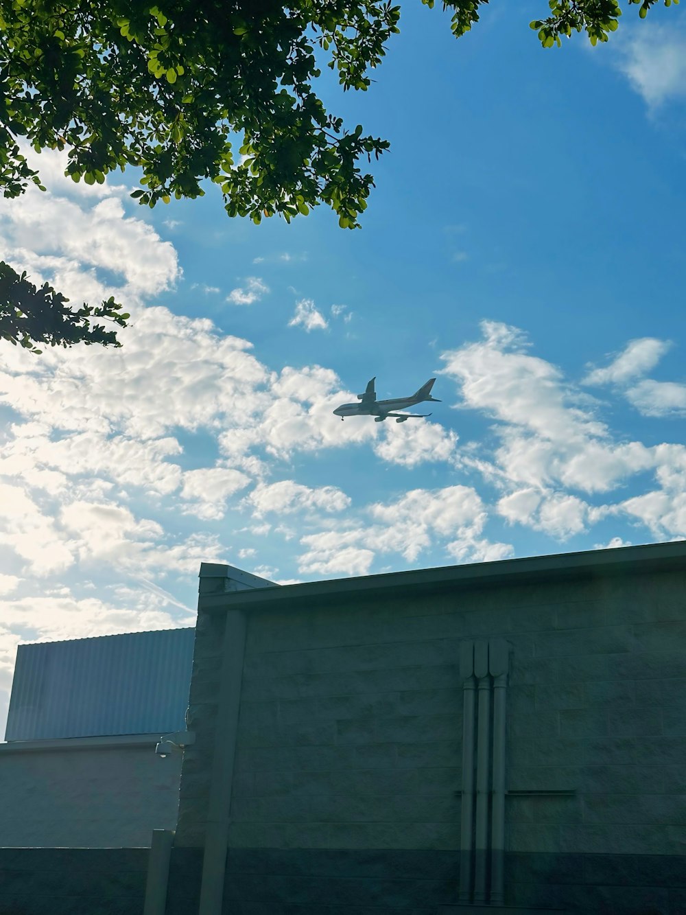 an airplane flying over a building and a tree