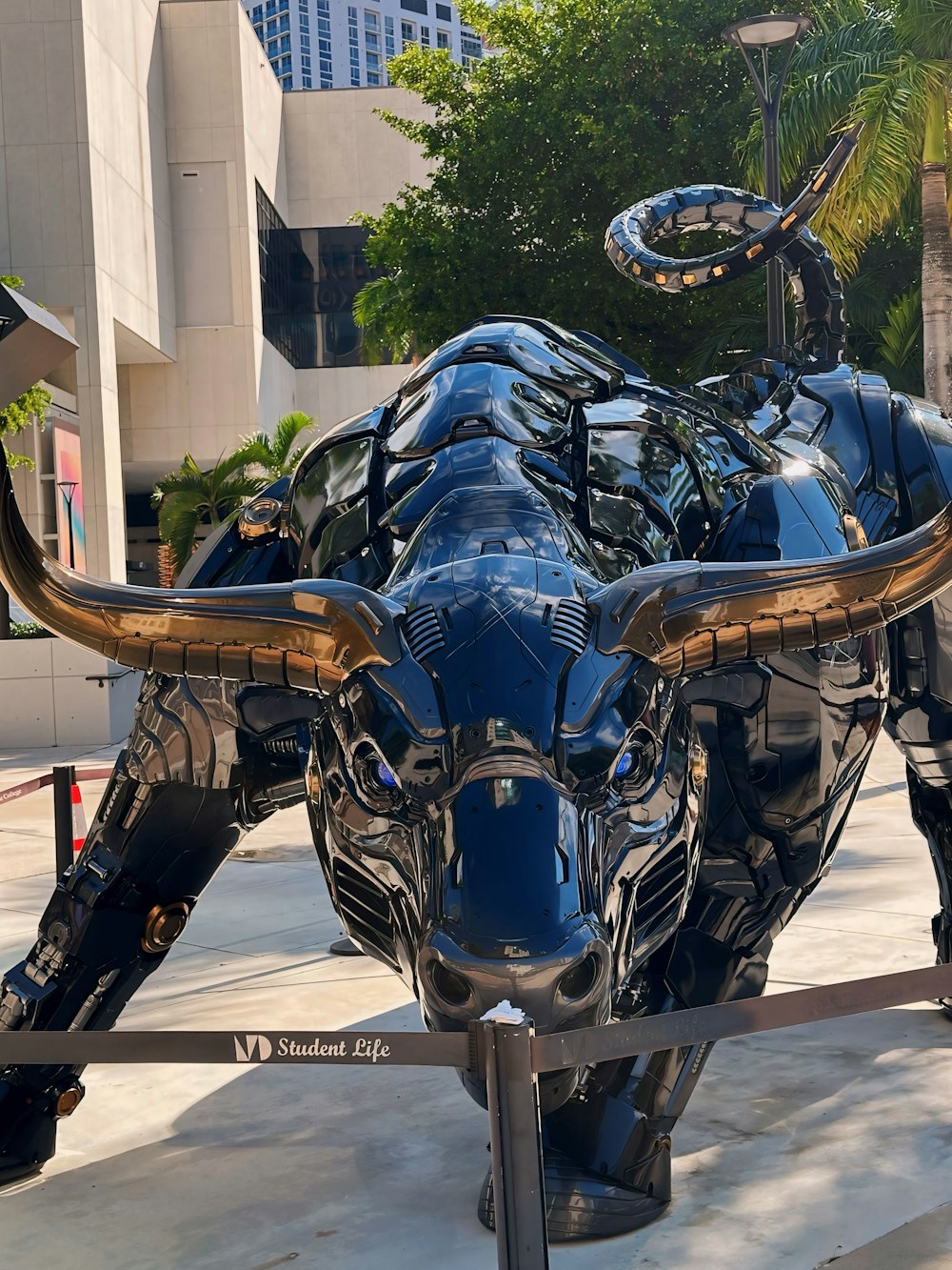 a sculpture of a bull with large horns