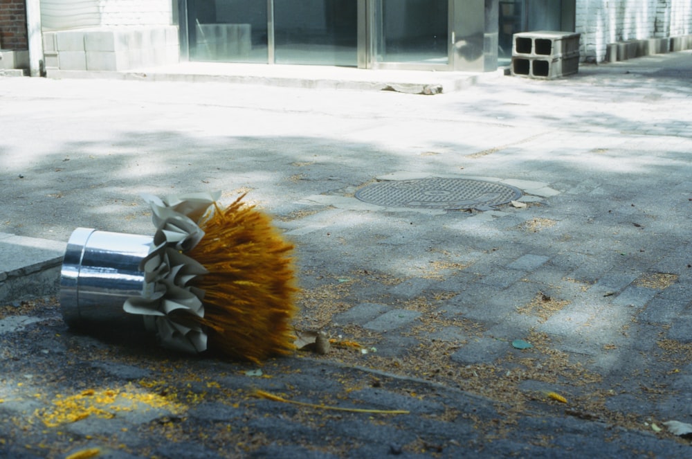 a brush on the ground next to a trash can