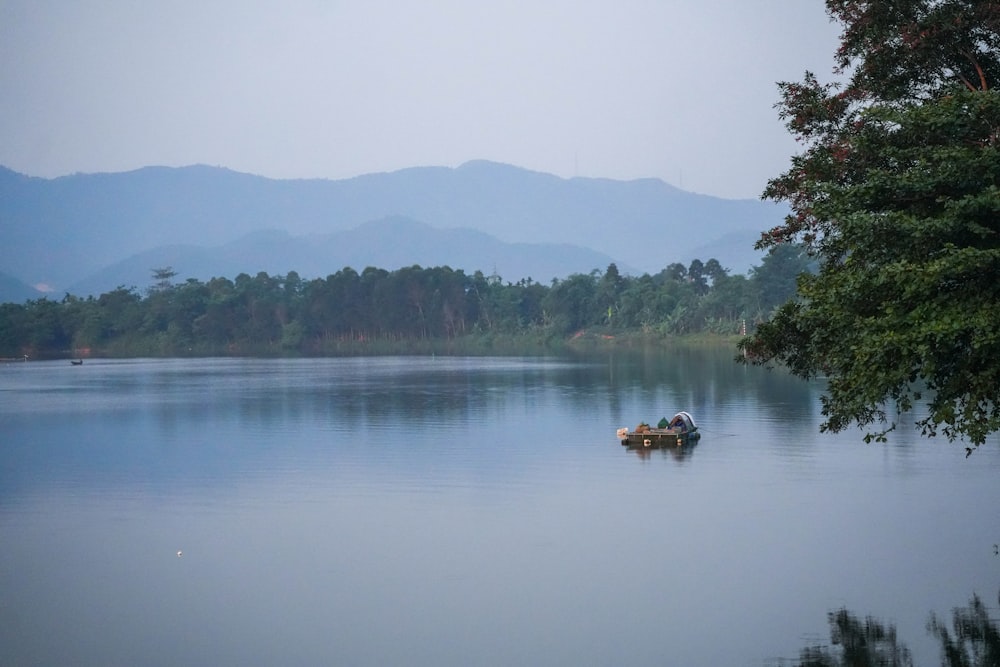 a boat floating on top of a lake next to a forest