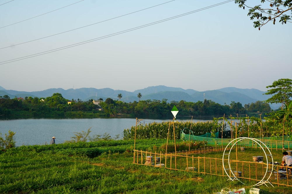 a person sitting on a bench near a lake