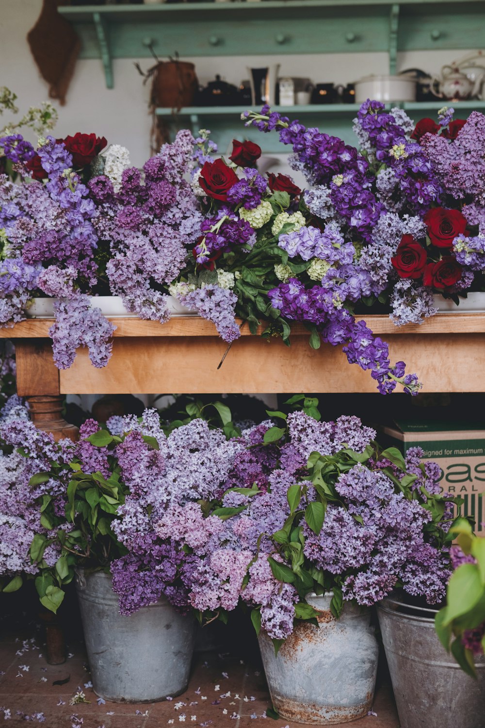 a bunch of flowers that are in buckets