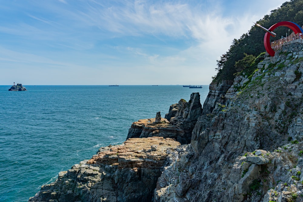 a large body of water next to a rocky cliff