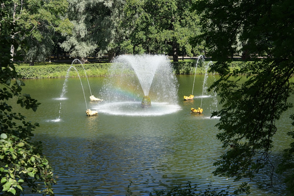 a pond with a rainbow fountain in the middle of it
