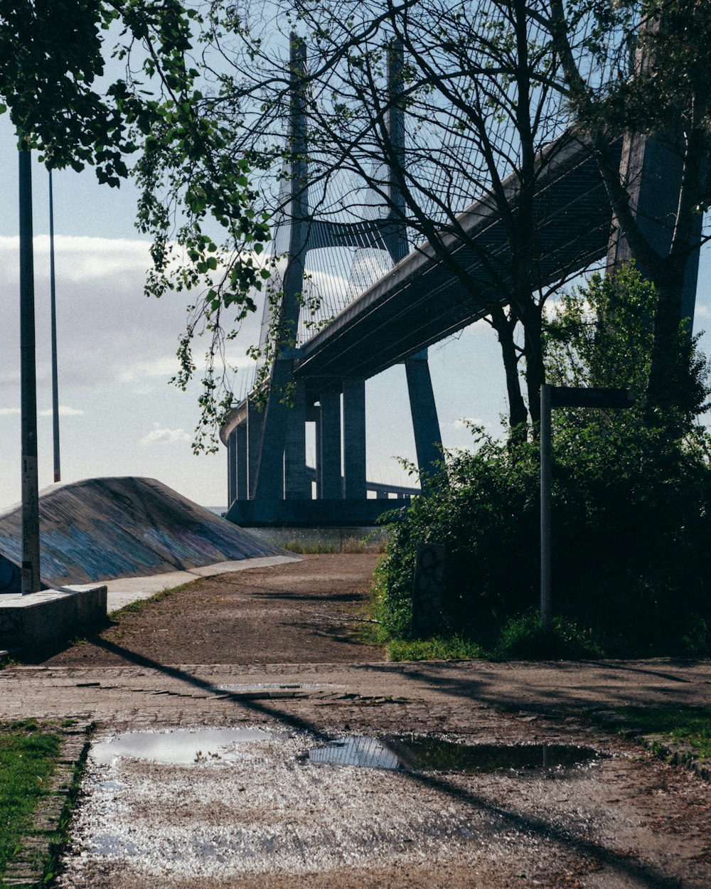 a view of a bridge from the side of a road