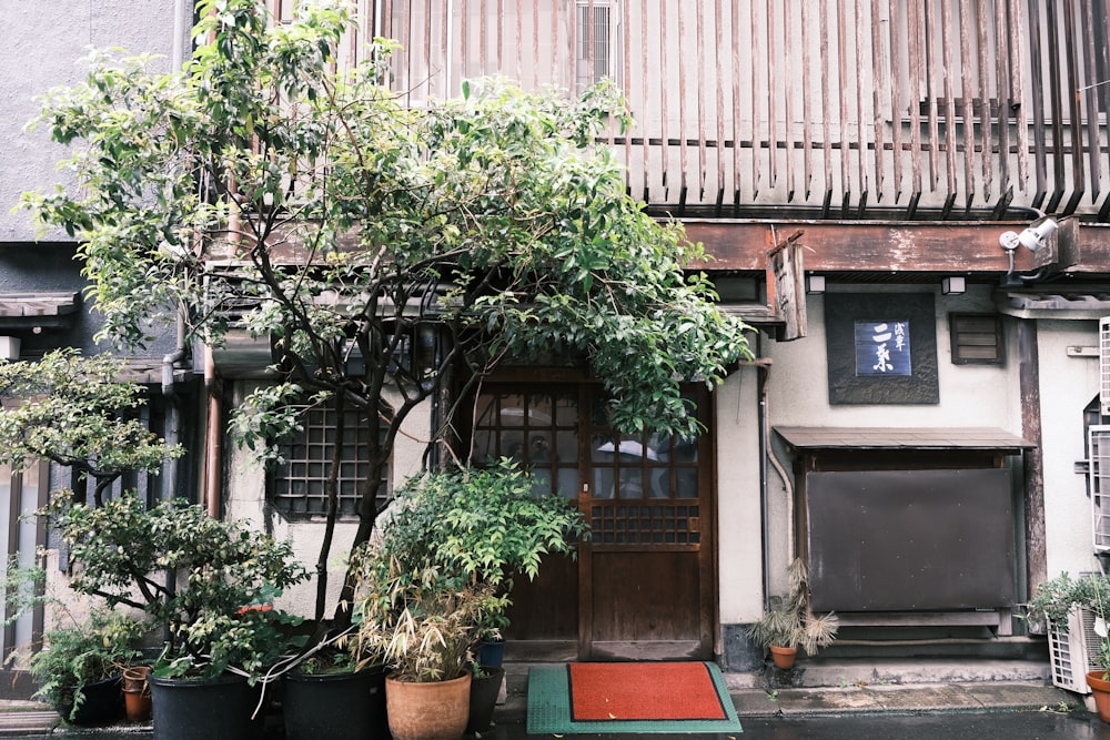 a building with a green bench in front of it