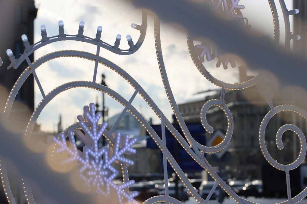 a snowflake is seen through a window