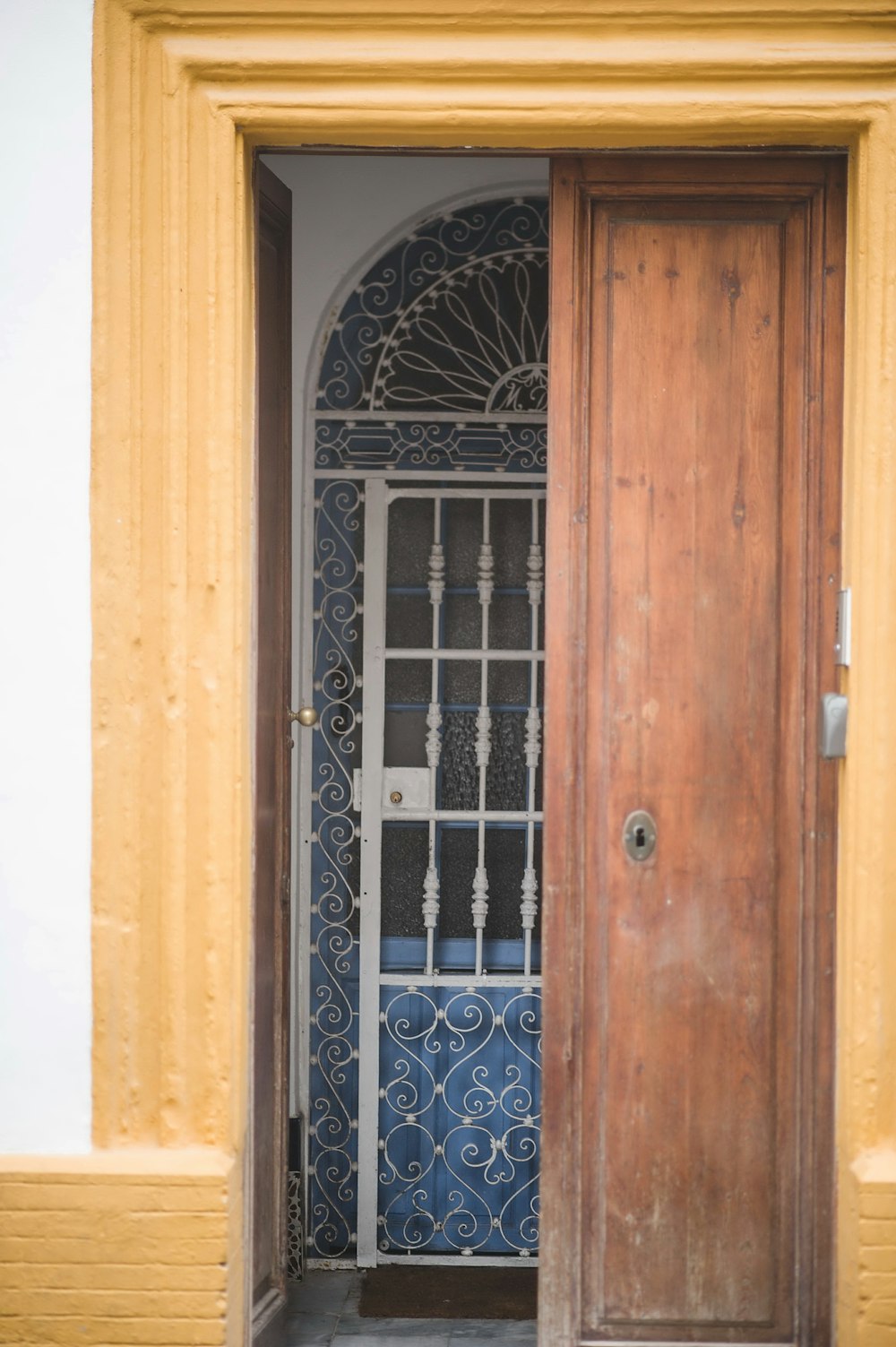 a wooden door with a blue and white design on it