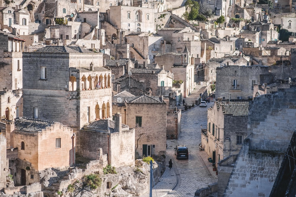 an aerial view of a city with old buildings