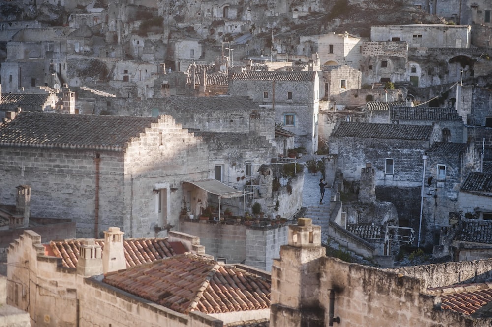 an aerial view of a city with old buildings