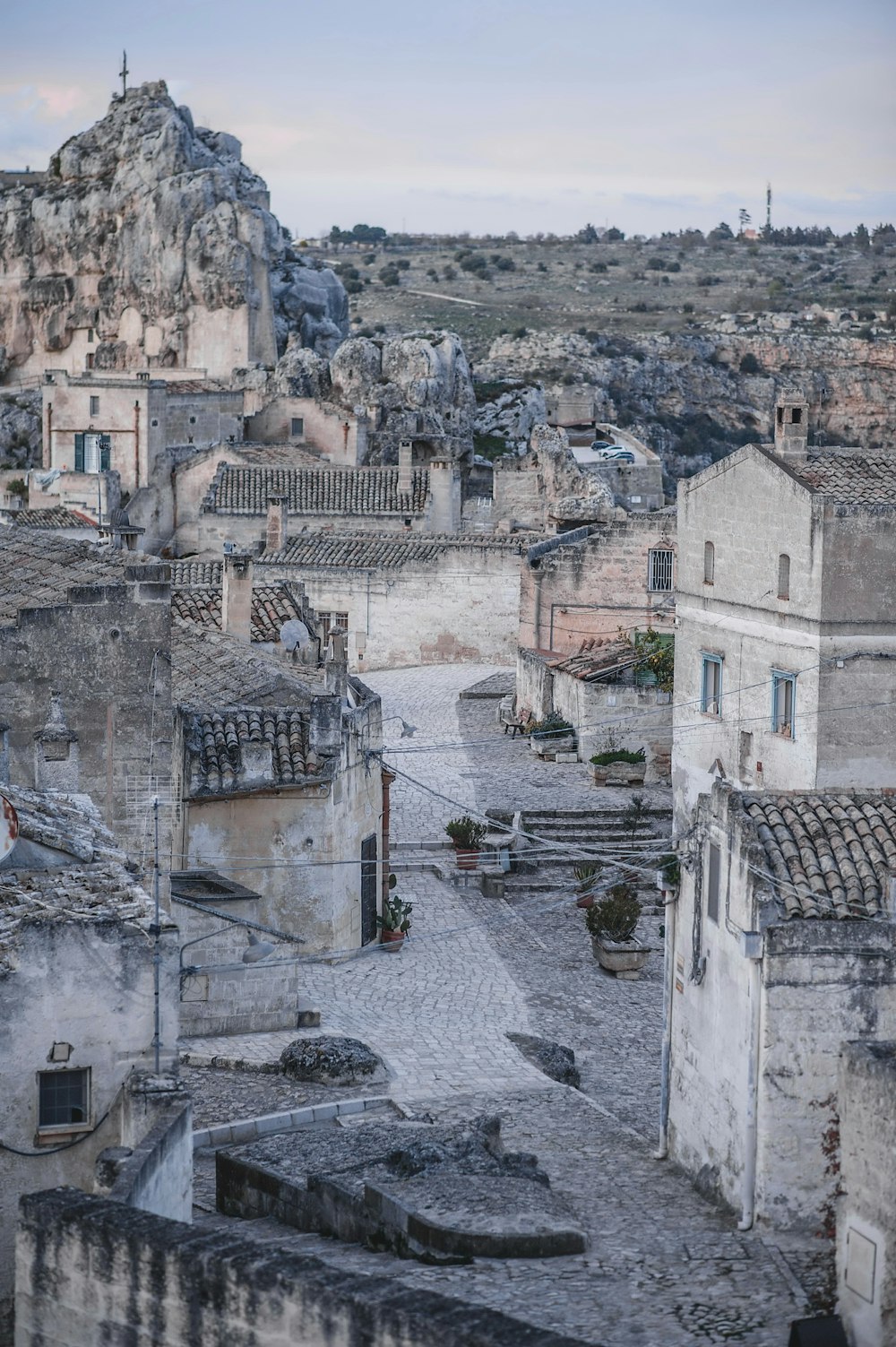 a view of a city with a mountain in the background