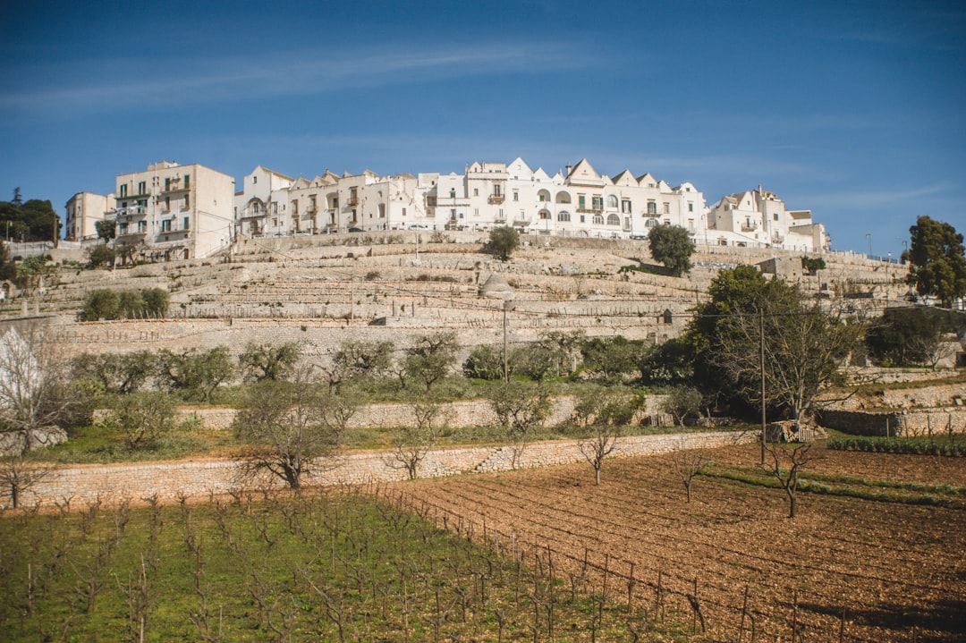 a large white building sitting on top of a hill,