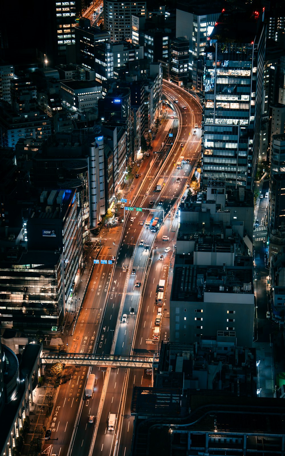 an aerial view of a city at night