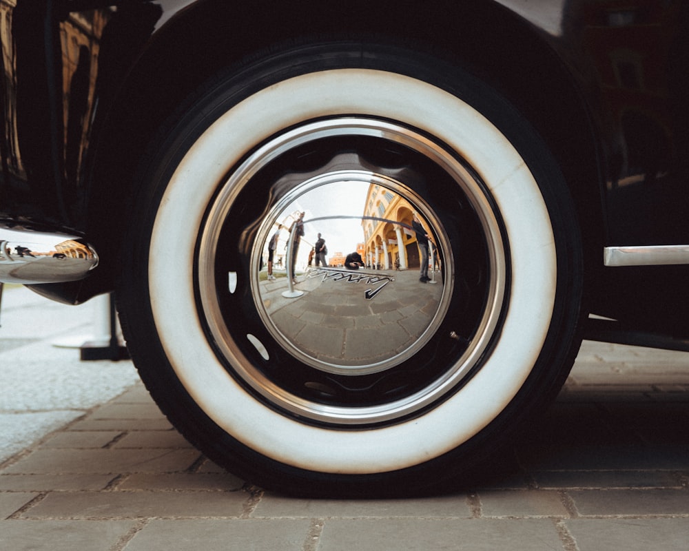 a close up of a tire on a car