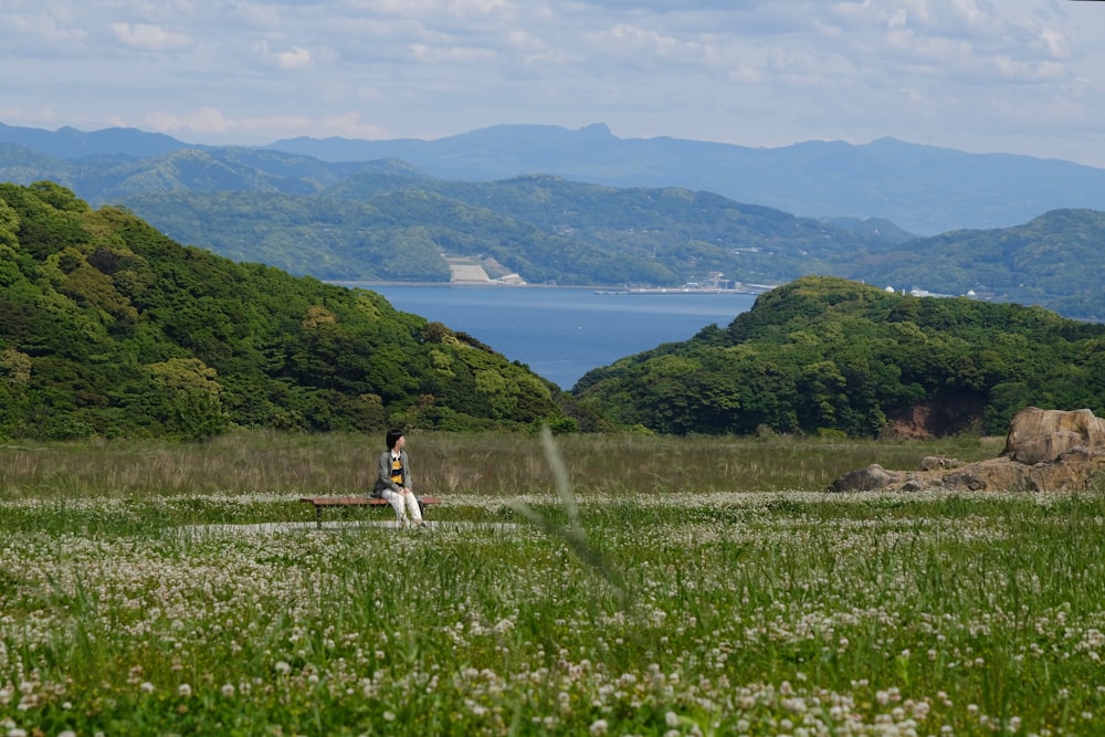 a person walking in a field with mountains in the background