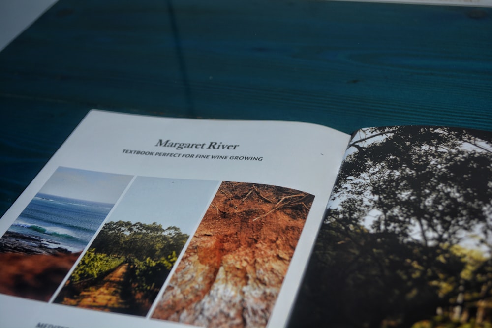 an open book with pictures of trees and water