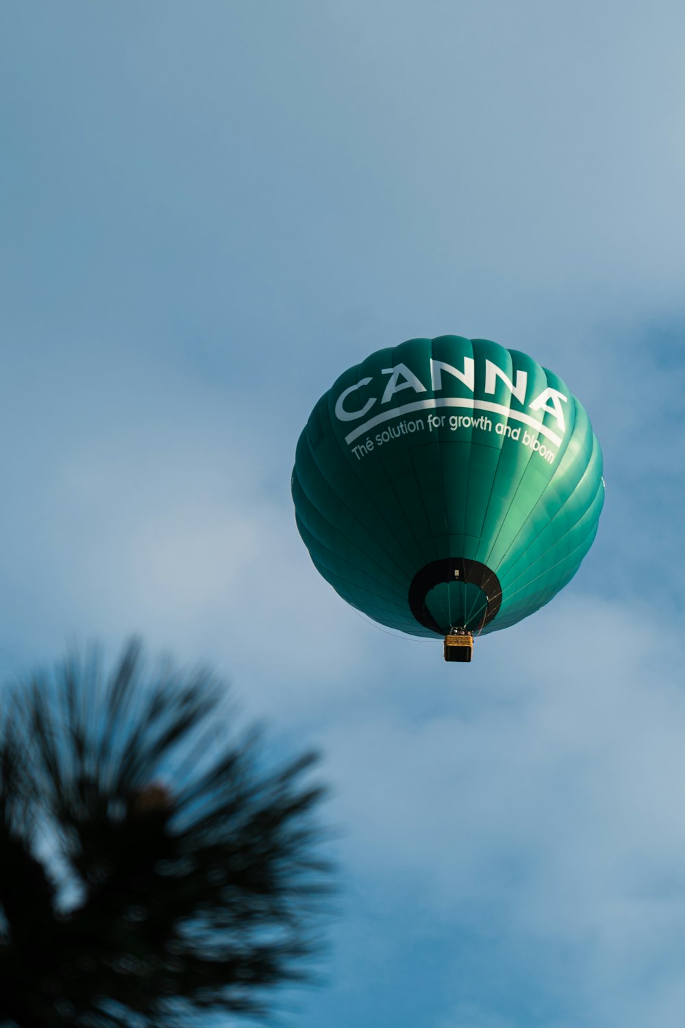 a green hot air balloon flying through a blue sky