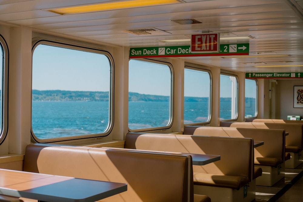 a view of the ocean from a dining car on a ship