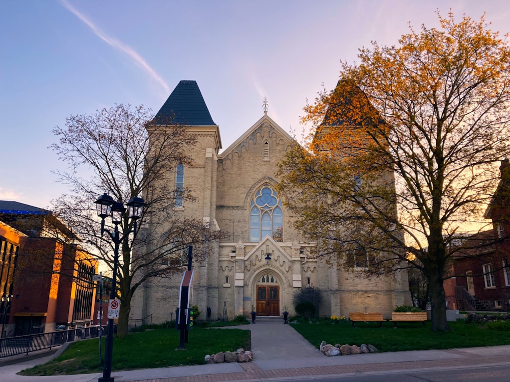 a large church with a clock tower on the front of it