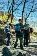 a group of hikers trekking up a rocky trail