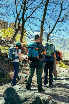 a group of hikers trekking up a rocky trail
