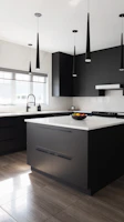 a modern kitchen with black cabinets and white counter tops