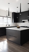 a modern kitchen with black cabinets and white counter tops