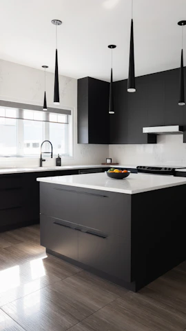 a modern kitchen with black cabinets and white counter tops