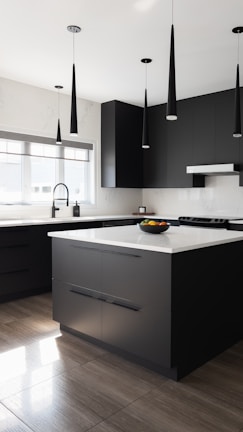 a modern kitchen with black cabinets and white counter tops