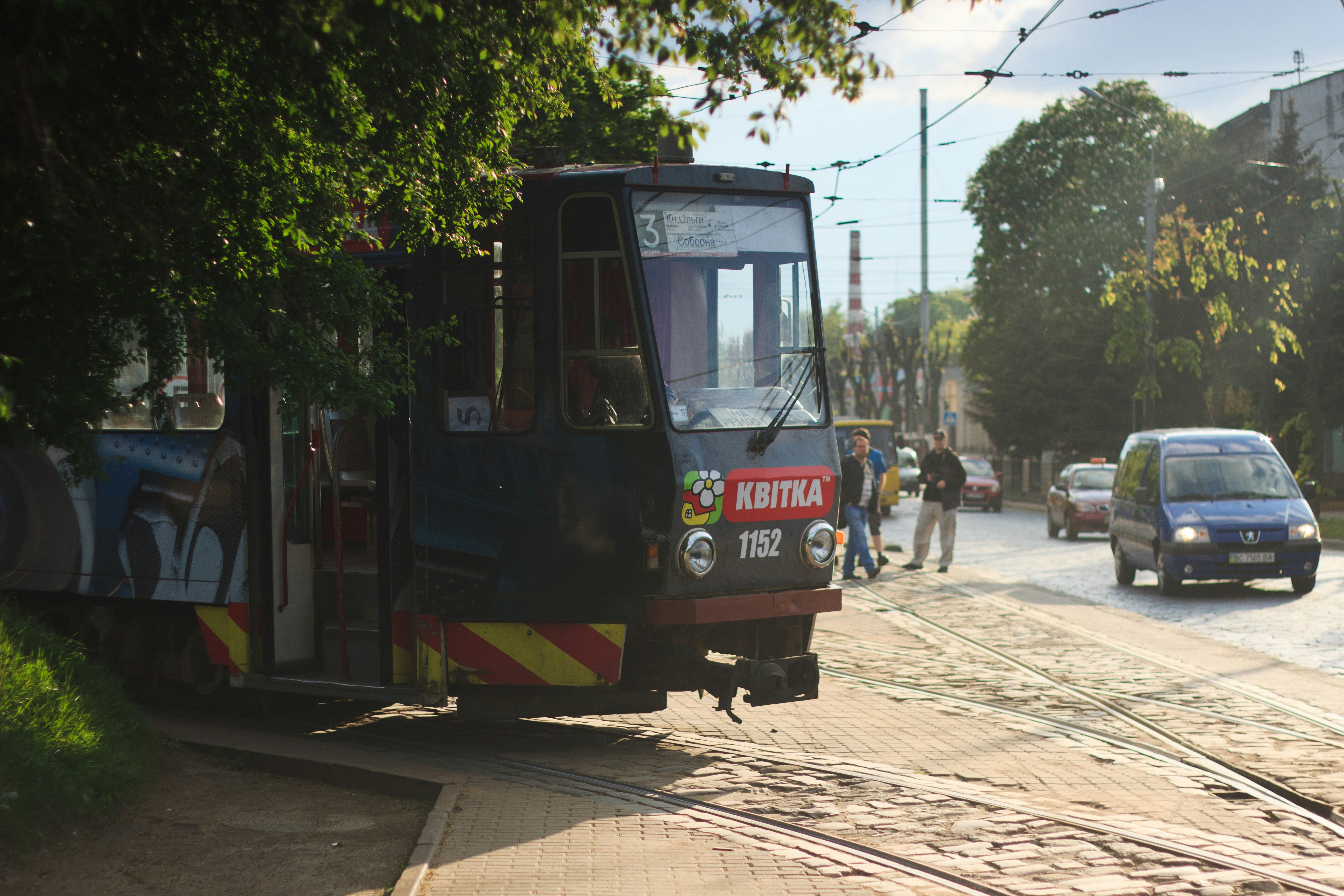 a trolley car on a city street next to a tree