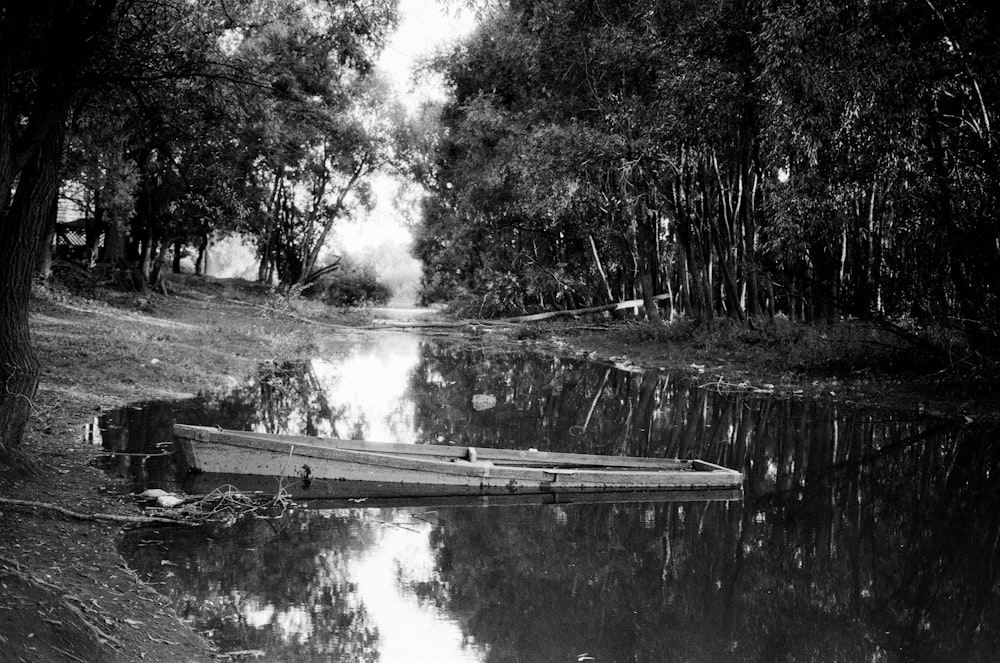 a small boat floating on top of a river next to a forest