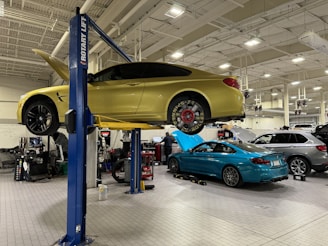 a car being worked on in a garage
