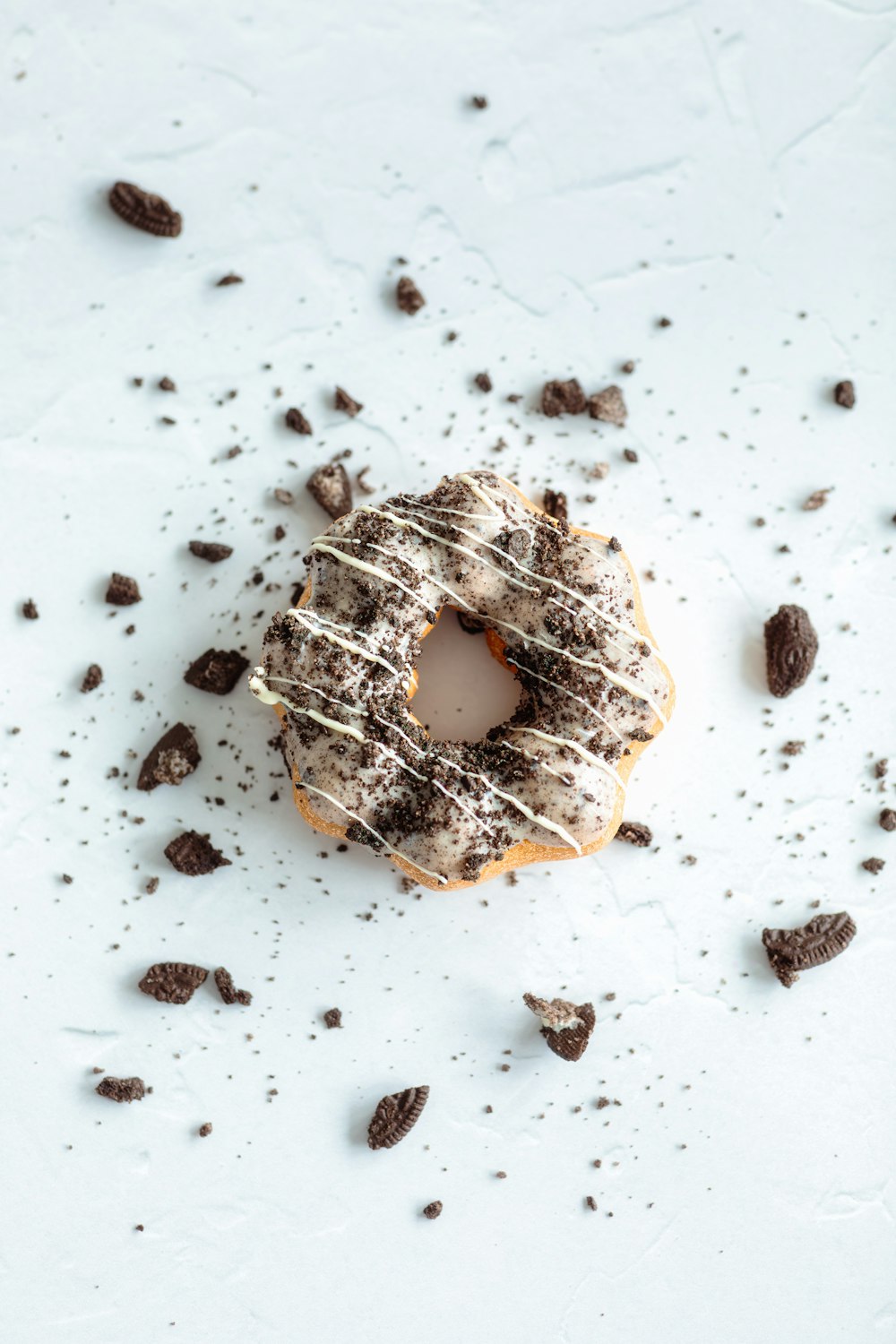 a donut with chocolate chips on a white surface