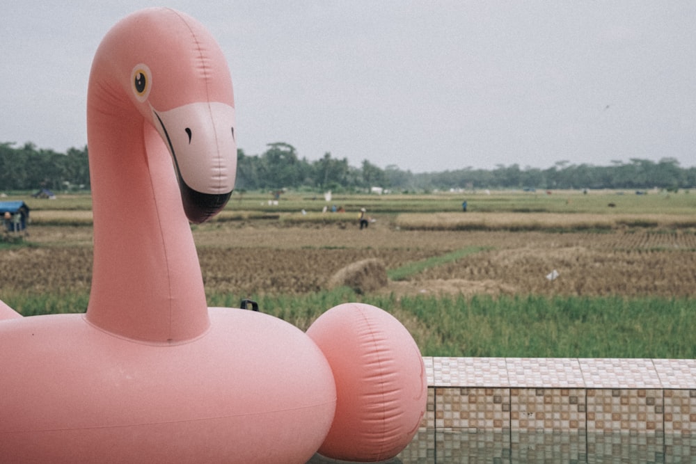 a large inflatable pink flamingo sitting on top of a lush green field
