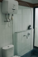 a white toilet sitting next to a walk in shower