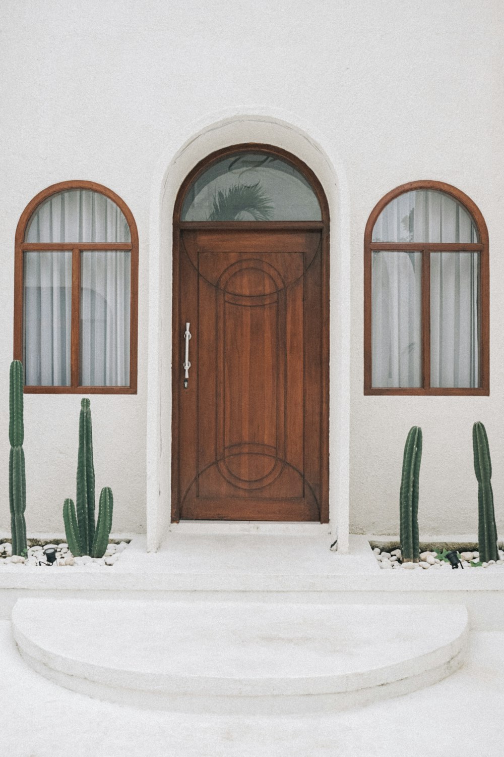 a white house with a wooden door and a cactus in front of it