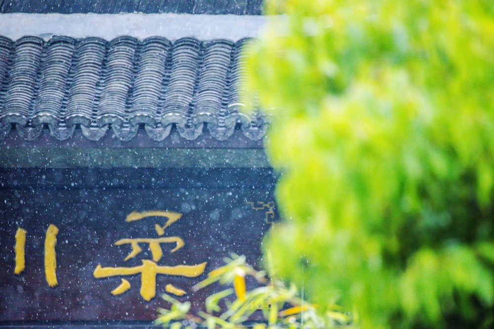 a close up of a building with asian writing on it