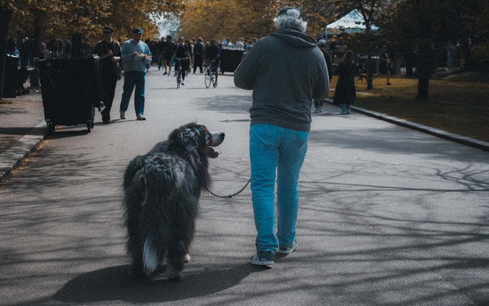 a man walking a dog on a leash down a street