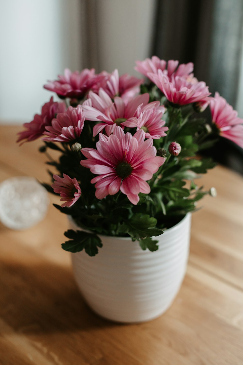 a white vase filled with pink flowers on top of a wooden table