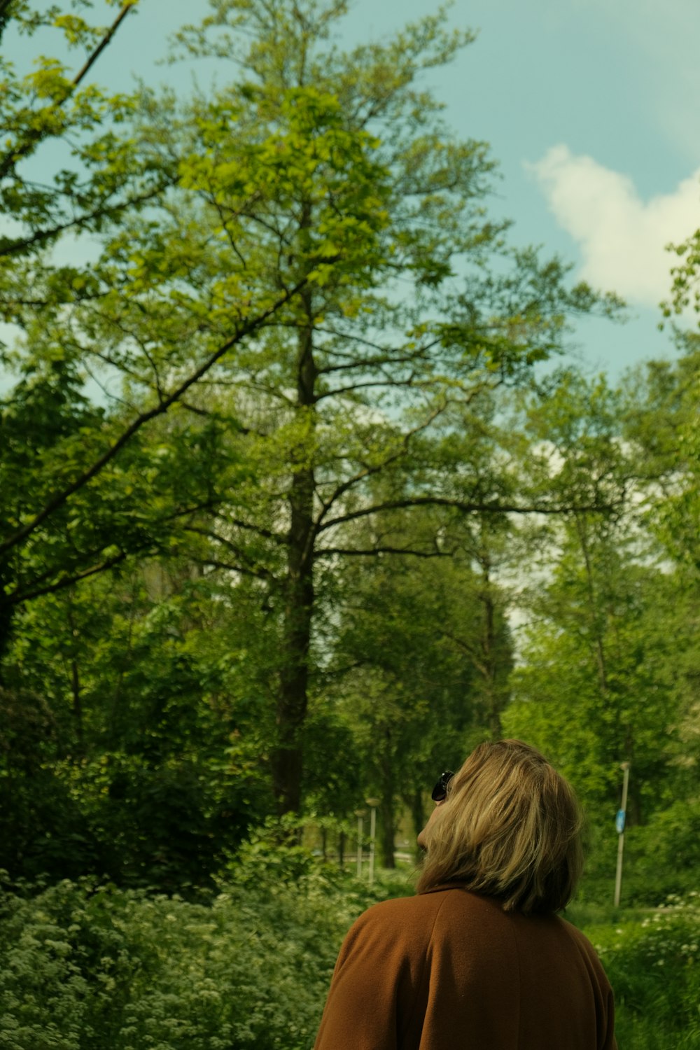 a woman walking through a lush green forest