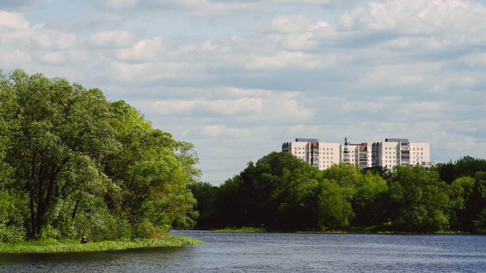 a body of water surrounded by trees and buildings