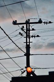 a traffic light sitting below power lines under a cloudy sky