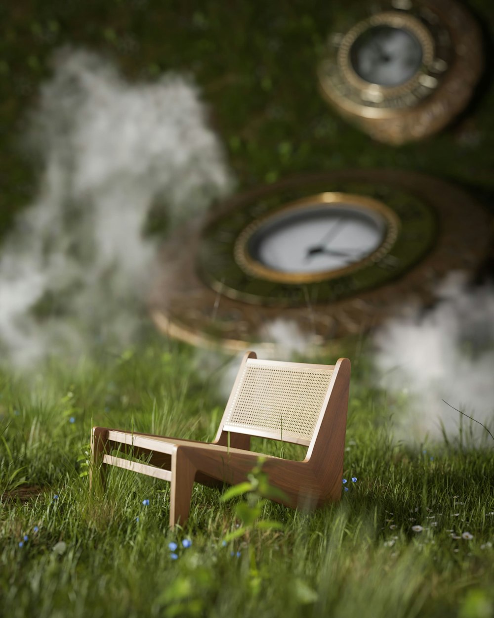 a chair sitting in the grass with steam coming out of it