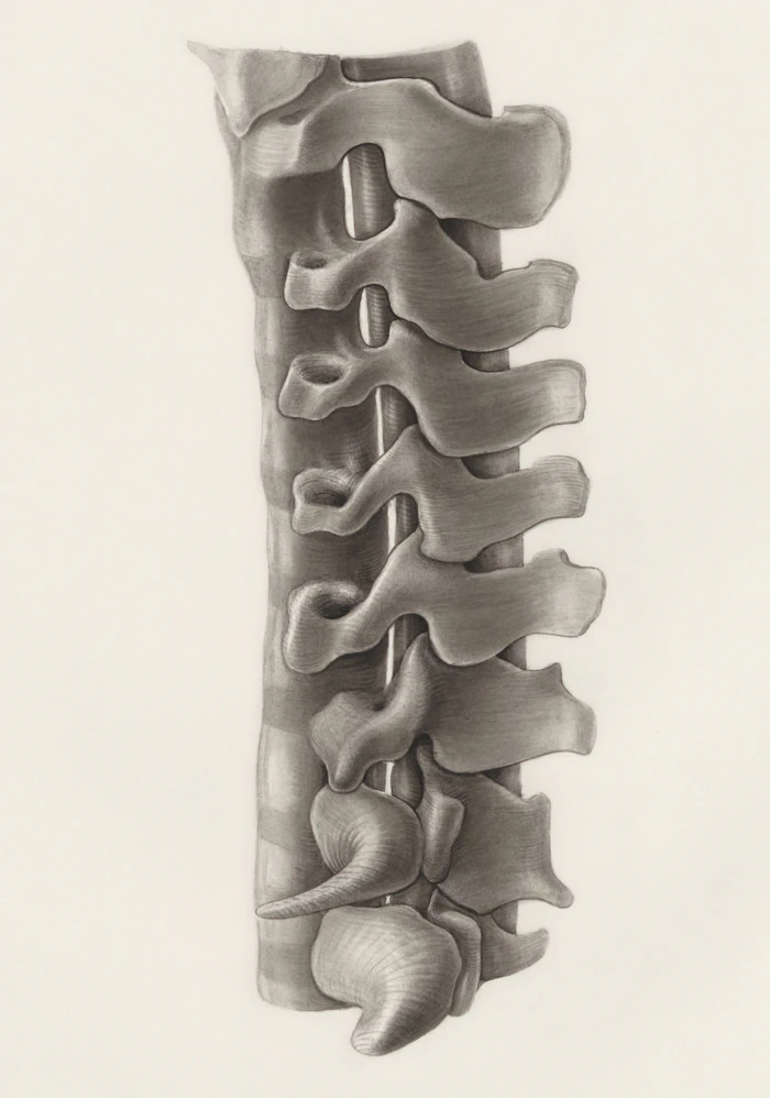 Technical pencil drawing of the human spine and back