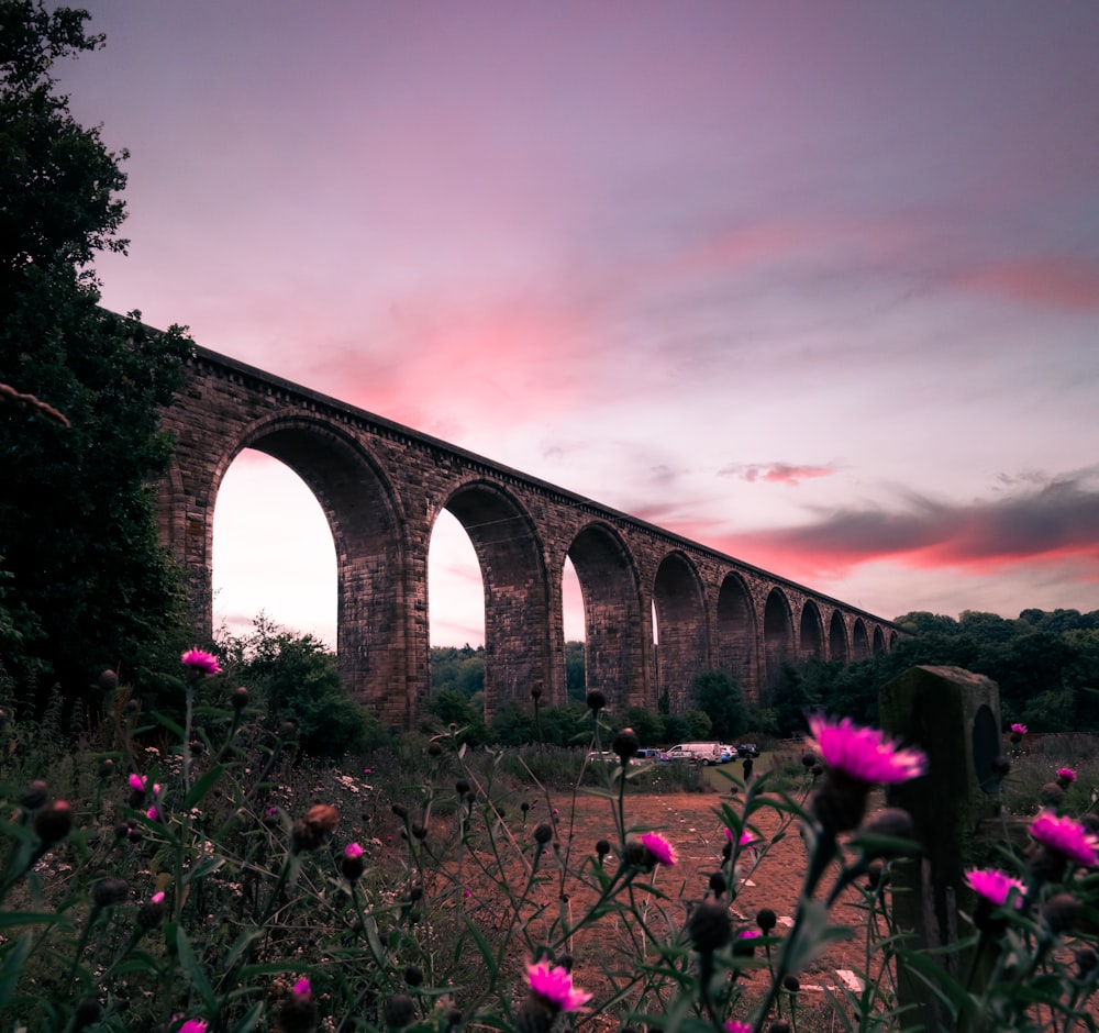 a large stone bridge over a lush green field