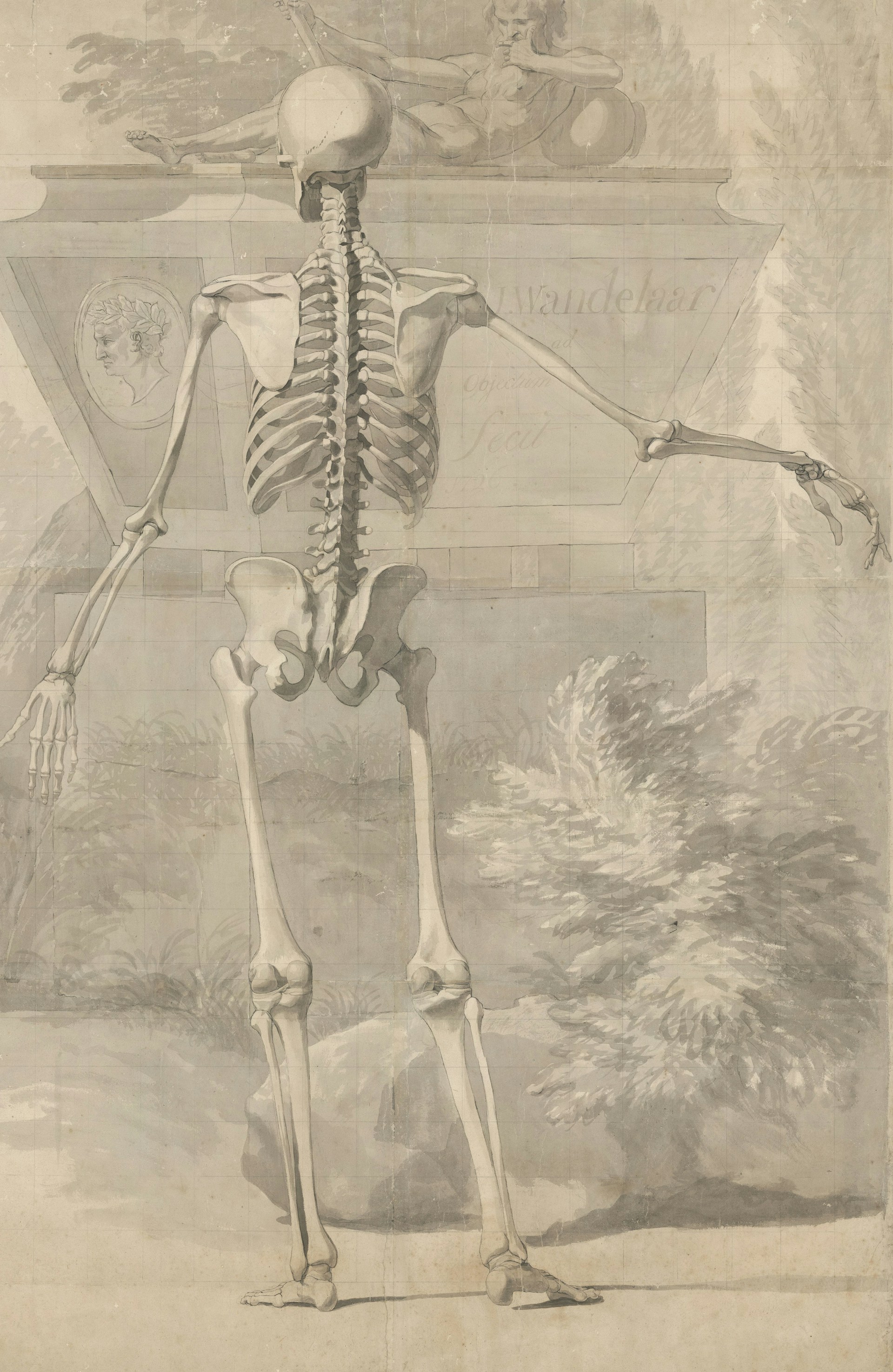 a drawing of a skeleton standing in front of a painting