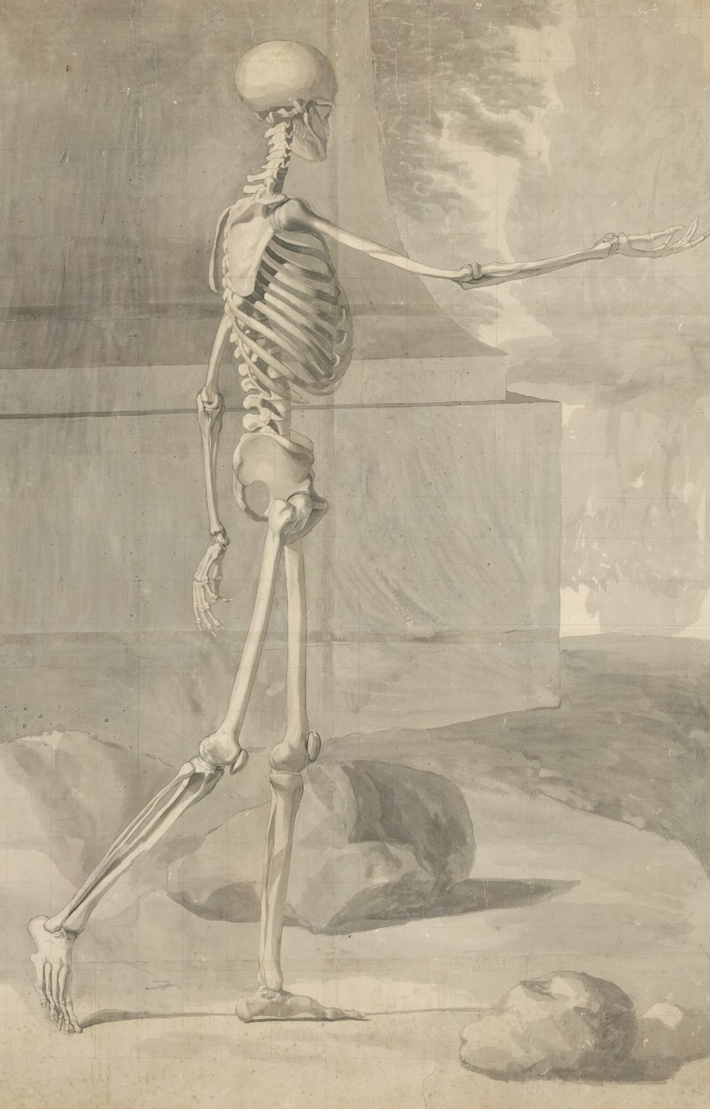 a drawing of a skeleton standing in front of a wall